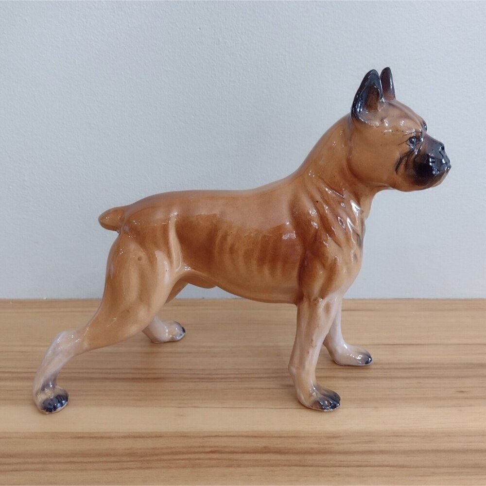 Vintage Large Ceramic Boxer Dog Figurine Brown Glazed Standing 8"